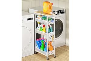 OKZEST Rolling Slim Storage Cart, 4-Tier Narrow Bathroom Laundry Room Organization Cart, Metal Kitchen Storage Mobile Shelf Unit Organizer with Wood Top, Slim Utility Cart with Wheels for Small Space