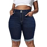 Gocolloa Womens Plus Size Jean Shorts High Waisted Stretchy Midi Bermuda Denim Shorts