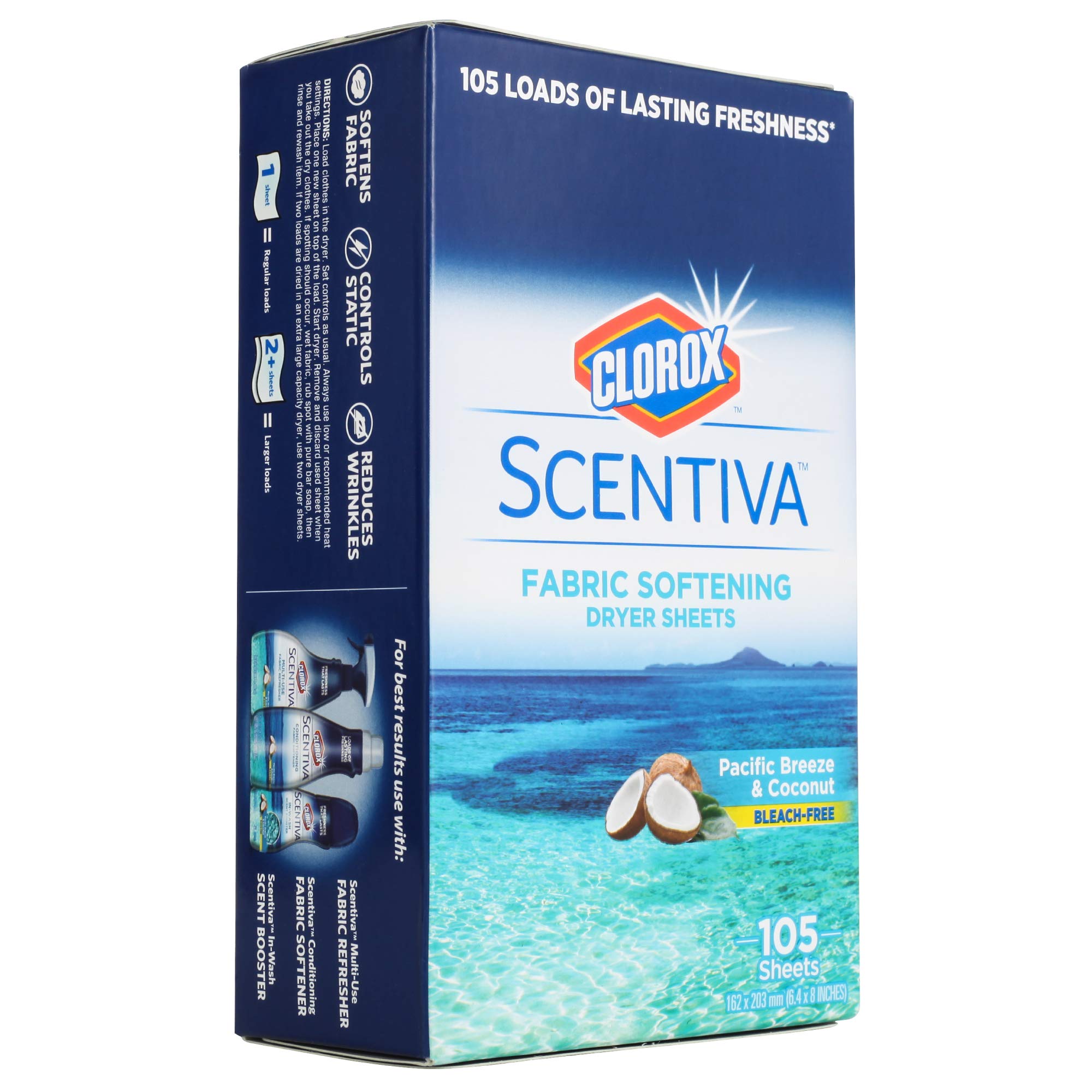 Photo 1 of ***PACKAGE OPENED**Clorox Scentiva Fabric Softening Dryer Sheets | Fabric Sheets in Pacific Breeze & Coconut Scent | Laundry Dryer Sheets for Fresh & Clean Clothes | 105 Count