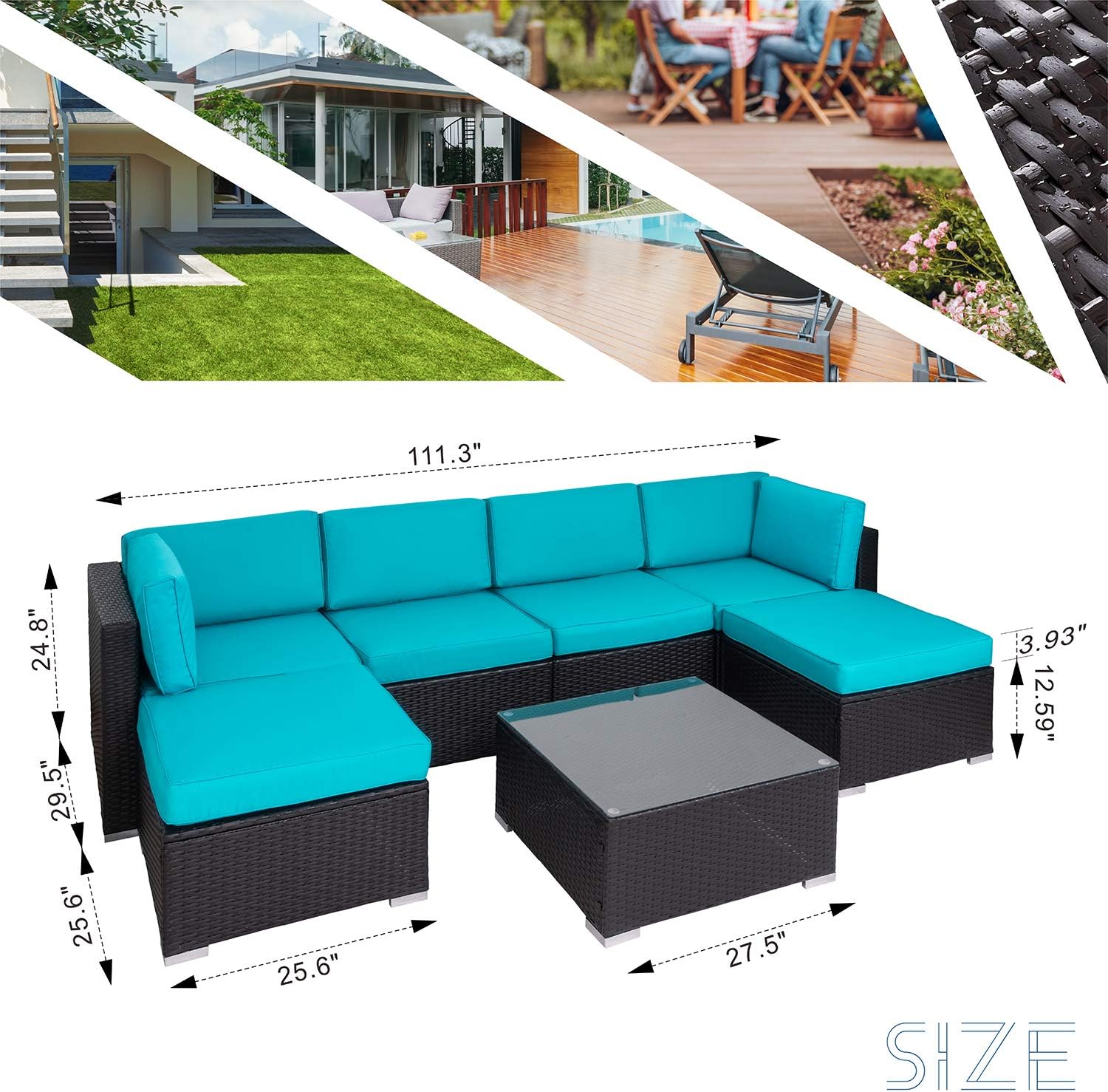 Shintenchi 7 Pieces Outdoor Patio Furniture Sets, All Weather PE Wicker Rattan Patio Conversation Sofa Set Tea Table&Ottoman &Washable Cushions for Backyard Lawn Garden (Blue) : Garden & Outdoor