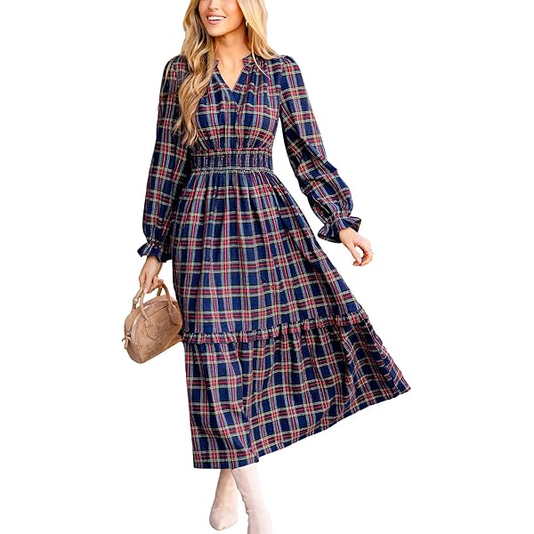 white christmas dresses Entro Plus Size Plaid Puff Sleeve Midi Dress with Waist Tie in Holiday Red main image 1