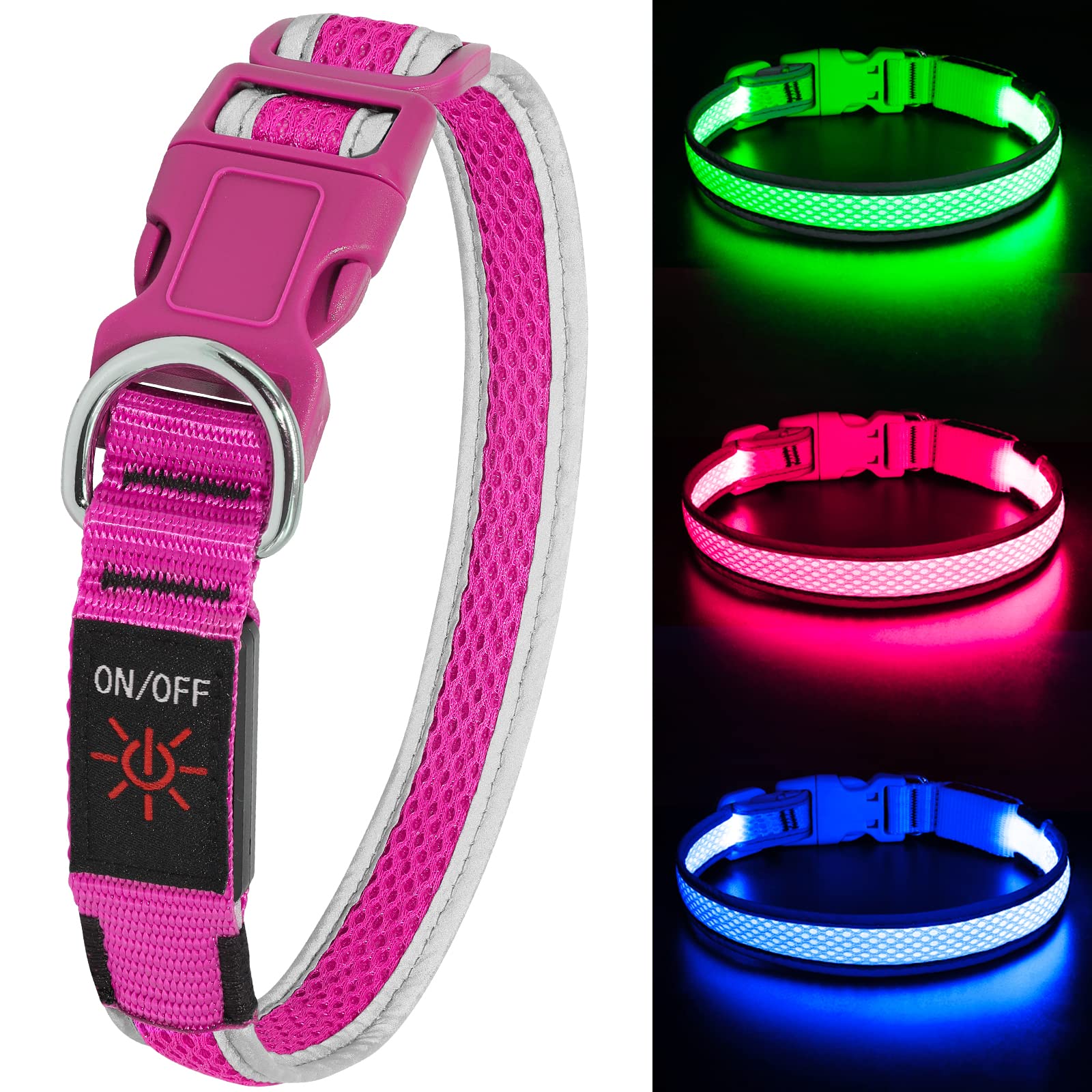 Colaseeme LED Dog Collar,Light Up Dog Collar Rechargeable Waterproof Micro USB Mesh Adjustable Plastic Buckle D Ring Glow Safety Basic Dog Collars for Dogs(Pink, L)