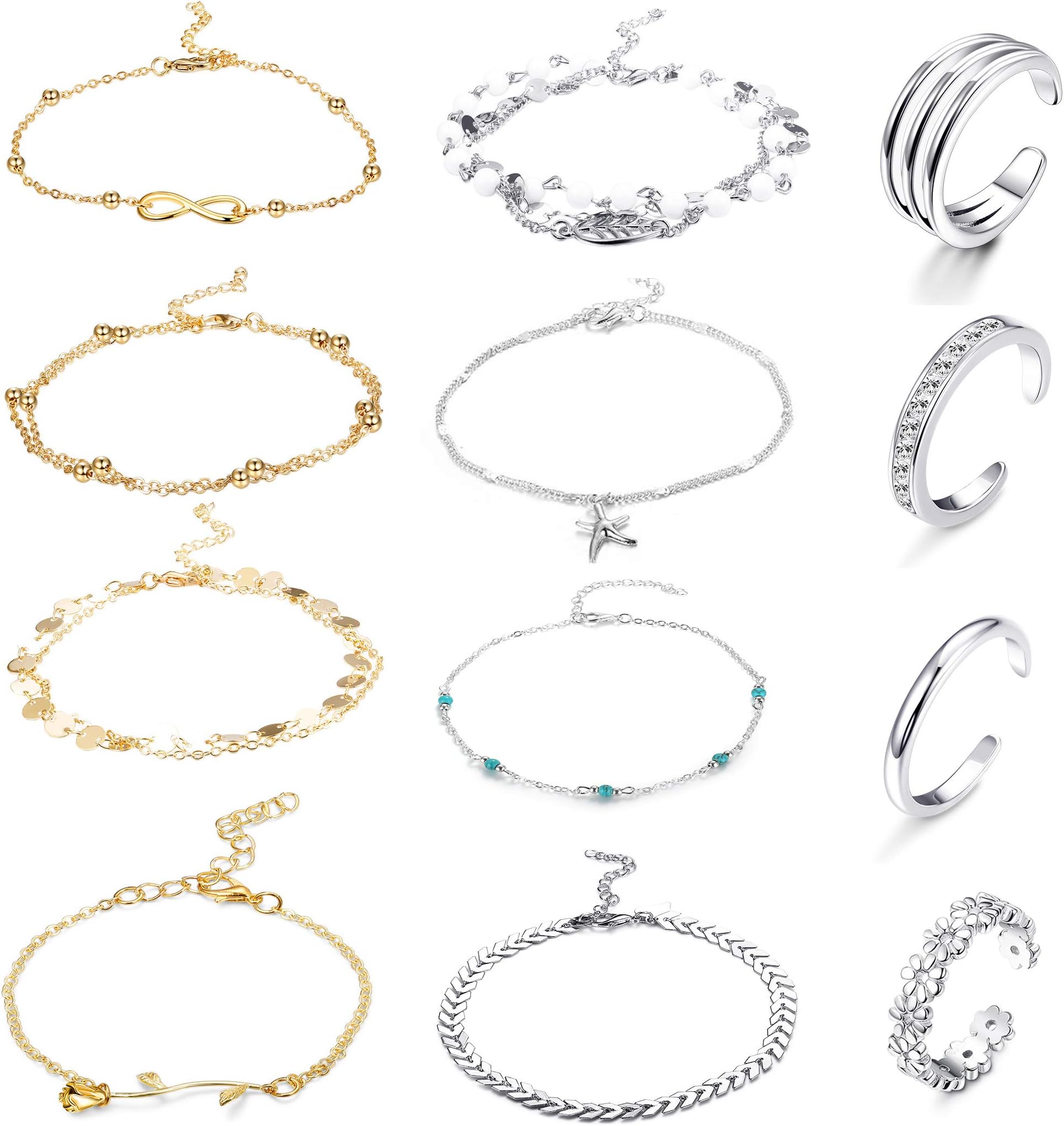 12PCS Anklet and Toe Ring Set for Women Girls Beach Ankle Bracelets Adjustable Open Toe Ring Foot Jewelry