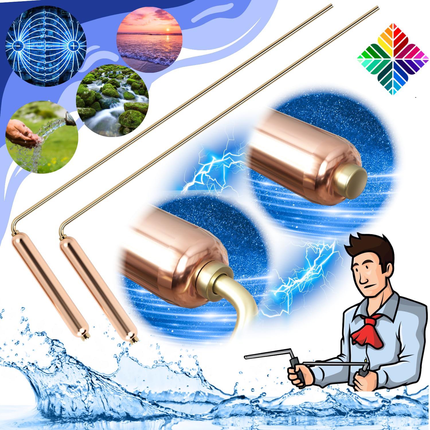Dowsing Rods / Water Divining Rods Made in Copper and Brass for Professional - Deluxe Model for Radiesthesia/Dowsers/Divination (Large Handle)