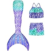 Ghteas Girls Tankini Swimsuit 3 Piece Mermaid Bathing Suit Kids Ruffle Top with Shorts Fish Tail Set Swimwear