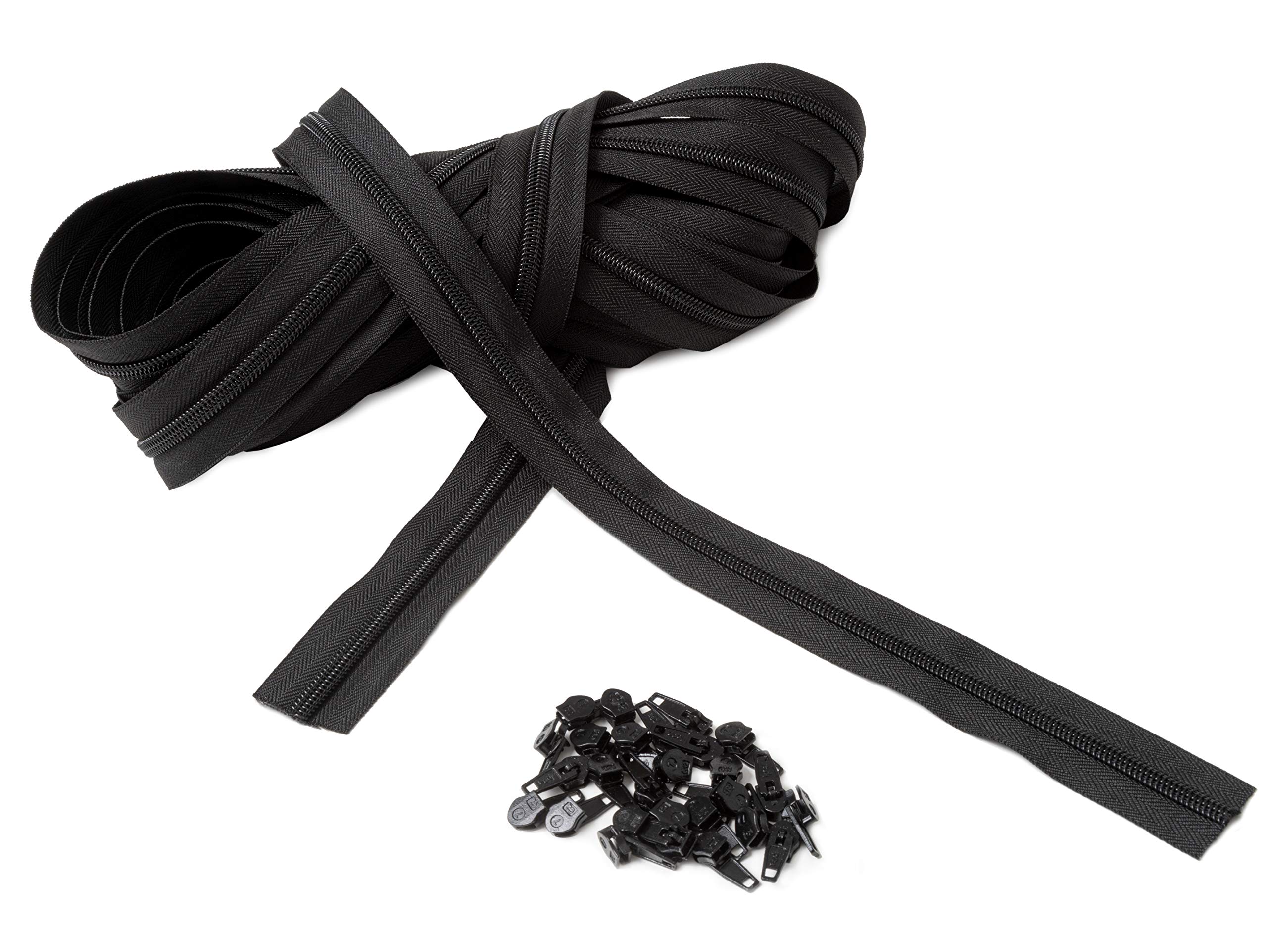 IPEA Nylon Coil Zipper Continuous Chain – 10 Meters and 25 Metal Sliders Included – Can Be Cut to Size for Sewing, Clothing and Upholstery – Metal Zip Size #5 – Color Black – 30 mm Width