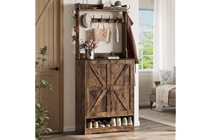 Vantic Farmhouse Hall Tree with Shoe Storage Cabinet, 14 Coat Hooks & 6 Tier Organizer, Rustic Brown