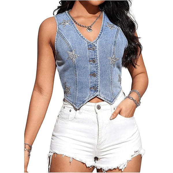Amazon.com: GORGLITTER Women's Sequin Star Jean Vest Top Y2K