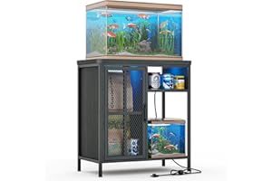 HAIOOU 20-29 Gallon Aquarium Stand with LED Light & Power Outlets, Cross Design Metal Frame Fish Tank Stand Aquarium Table with Cabinet Storage for Turtle Tank Reptile Terrarium, 360LBS Loads - Black