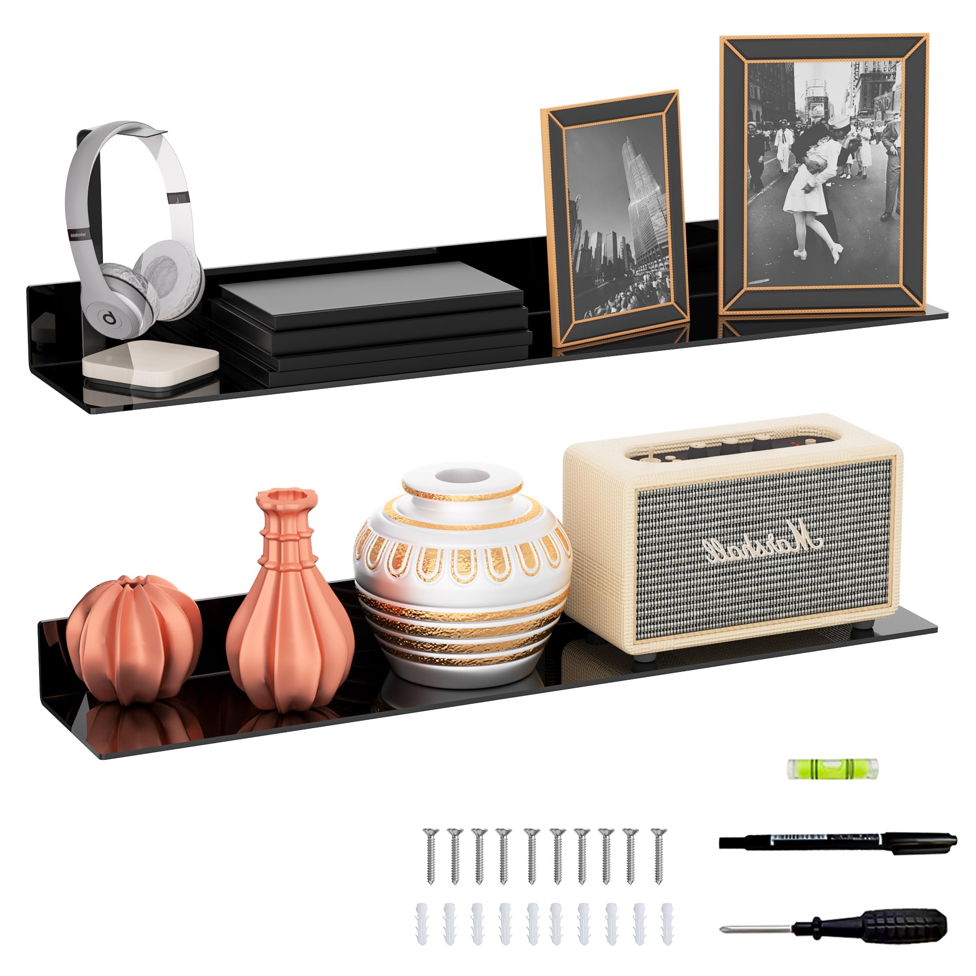 Sezanrpt 30 Inches Acrylic Long Wall Shelf Set of 2, Black Wall Mounted Acrylic Bathroom Storage Shelves Display Organizer, 2 Pack(30 Inch)