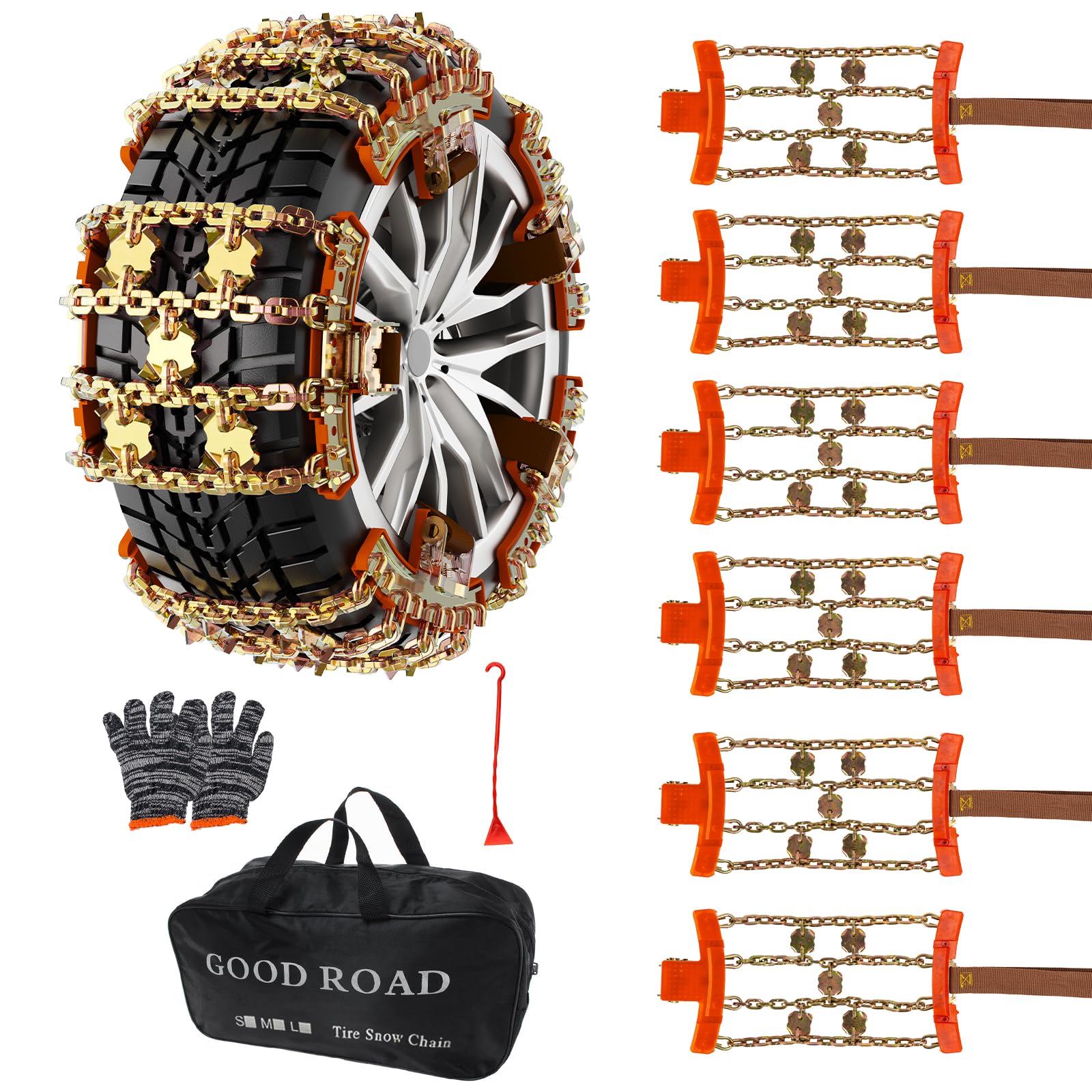 Photo 1 of KYX Upgrade Alloy Steel Tire Chains for Car/SUV/Pickup Truks, Adjustable Universal Emergency Snow Chains for Off-road SUV Car Tires 185 195 205 215 225 235 245 255 - Set of 6, Alloy Steel