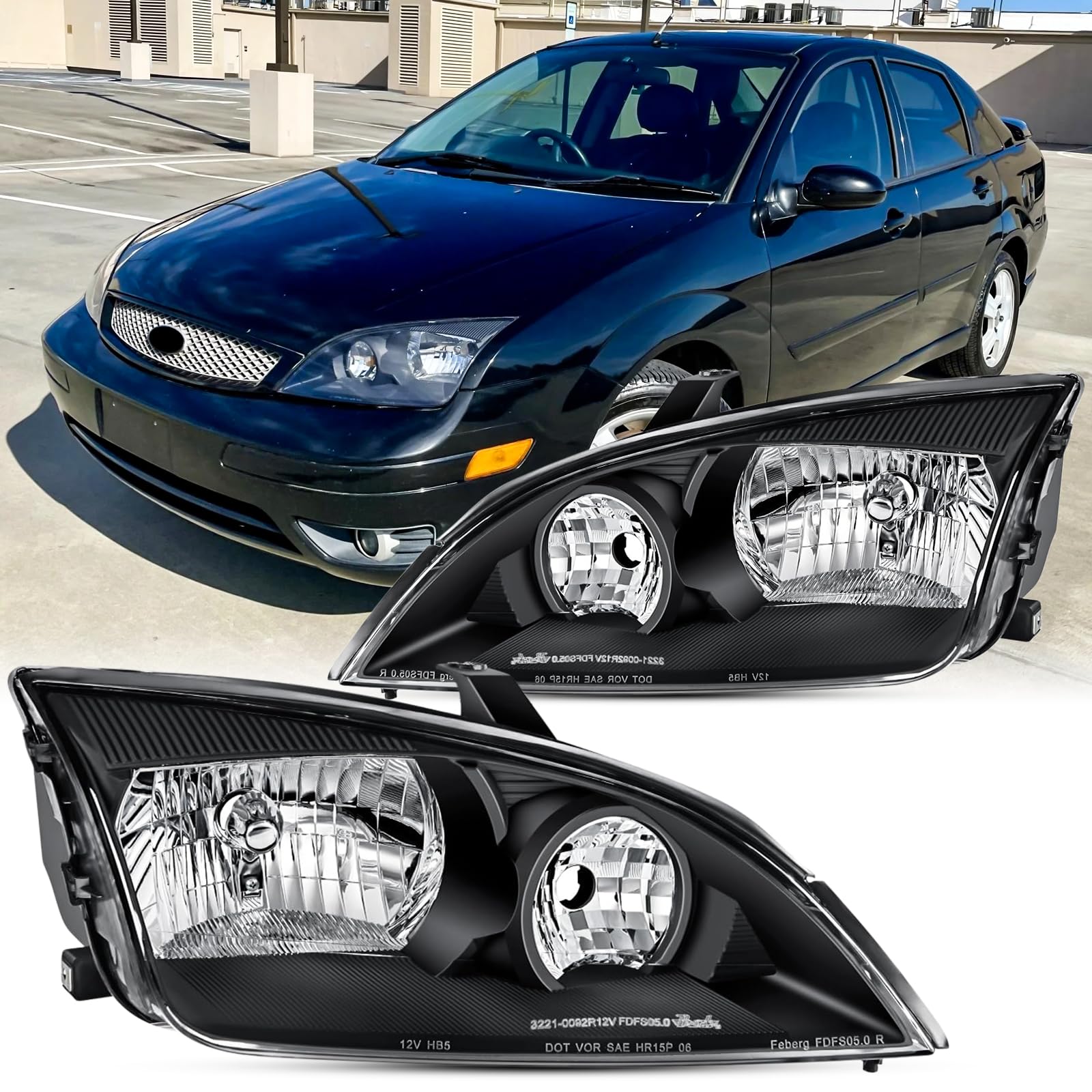 Photo 1 of 2PCS Headlights Assembly For 2005 2006 2007 Facelift Ford Focus ZX3 ZX4 ZX5 SE ST Halogen Headlamp Passenger and Driver side Black Housing