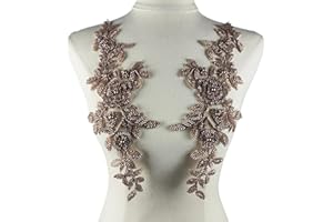 YOOGCORETT 1 Pair Champagne 3D Lace, Sew on Flower Bead Fabric Patches Embroidered Trim for Wedding Dress Decor DIY Sewing Clothing Applique 12.6" x 4.3"Inch