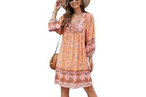 Bluetime Women Casual Summer Dress Boho V Neck 3/4 Sleeve Babydoll Floral Print Flowy Beach Dress
