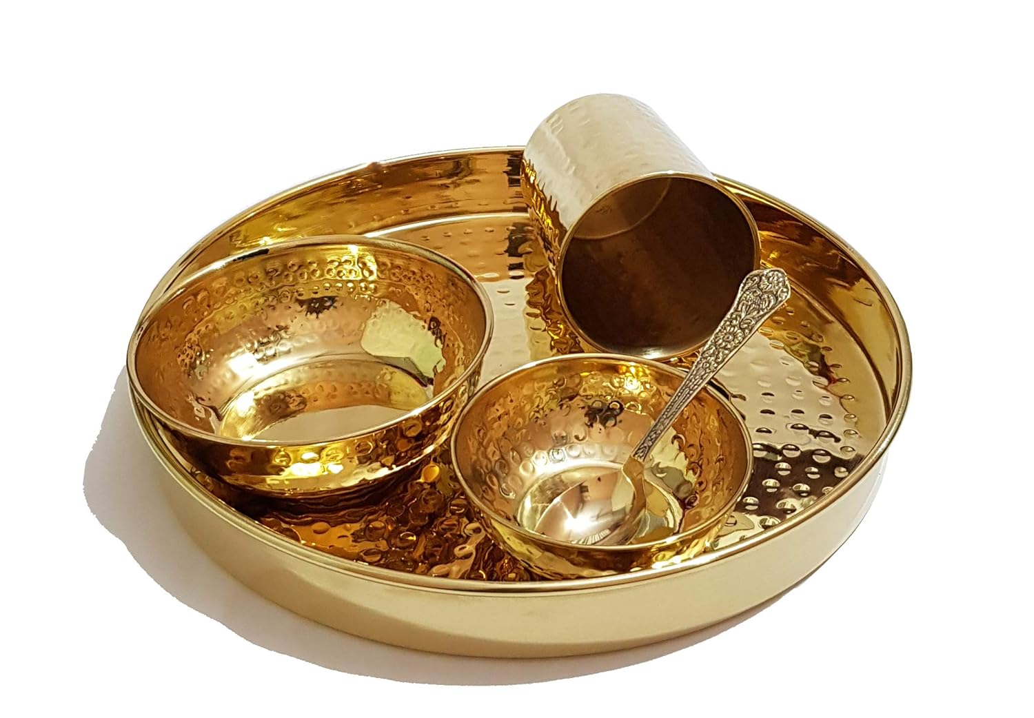 Buy Pure Source India Hammered Brass Dinner Thali Set 5 Pieces, Gold