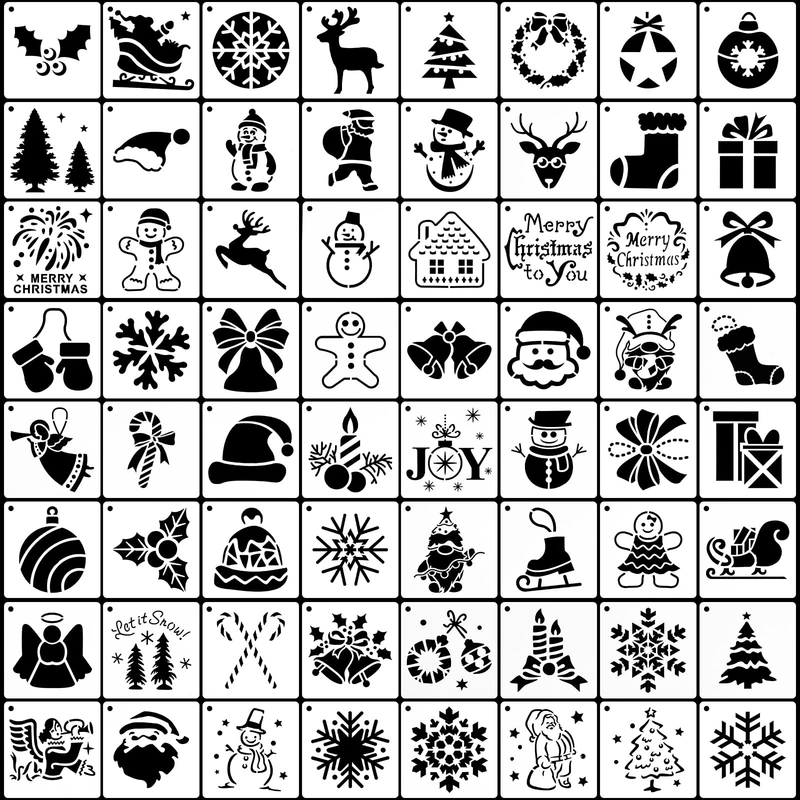 64pcs Christmas Painting Stencils - 3x3in Square Reusable Snowflake, Snowmen, Elk Christmas Templates for DIY Crafts, Ornament Stencils, Decoration Supplies for Glass Windows, Paper, Wood