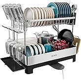 SUNLY 2 Tier Dish Drying Rack, Extra Large Dish Rack, Multifunctional Large Dish Drainers for Kitchen Counter, 304 Stainless Steel Kitchen Drying Rack, Bowl Drying Rack, Extendable Drain Spout, Black
