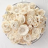 AceOrbit Set of 50 DIY Sola Wood Flowers Assortment Small Craft Wooden Flowers Fake Flower Bulk for Wedding Home Decorations DIY Bouquet 1.38-1.77 Inch(Classic,Cream White)