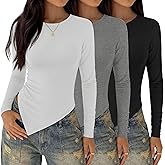 Oakgarden 3 Pack Asymmetrical Tops for Women Long Sleeve Casual Shirts Ruched Slit Fitted Basic Tees Y2k Going Out Tunic Top