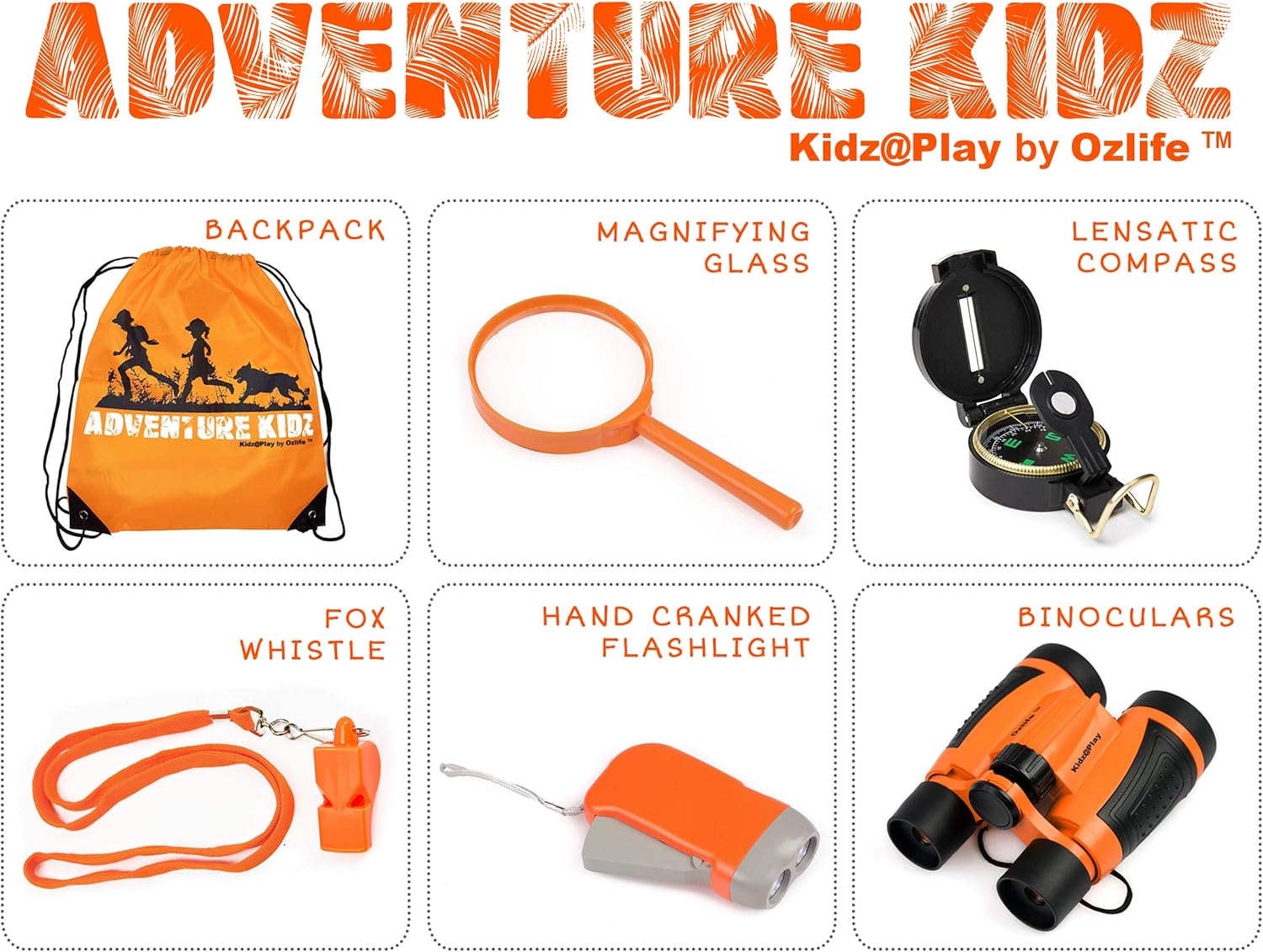 Adventure Kidz - Outdoor Exploration Kit, Children’s Toy Binoculars, Flashlight, Compass, Whistle, Magnifying Glass, Backpack. Great Kids Gift Set for Camping, Hiking, Educational and Pretend Play.: Toys & Games