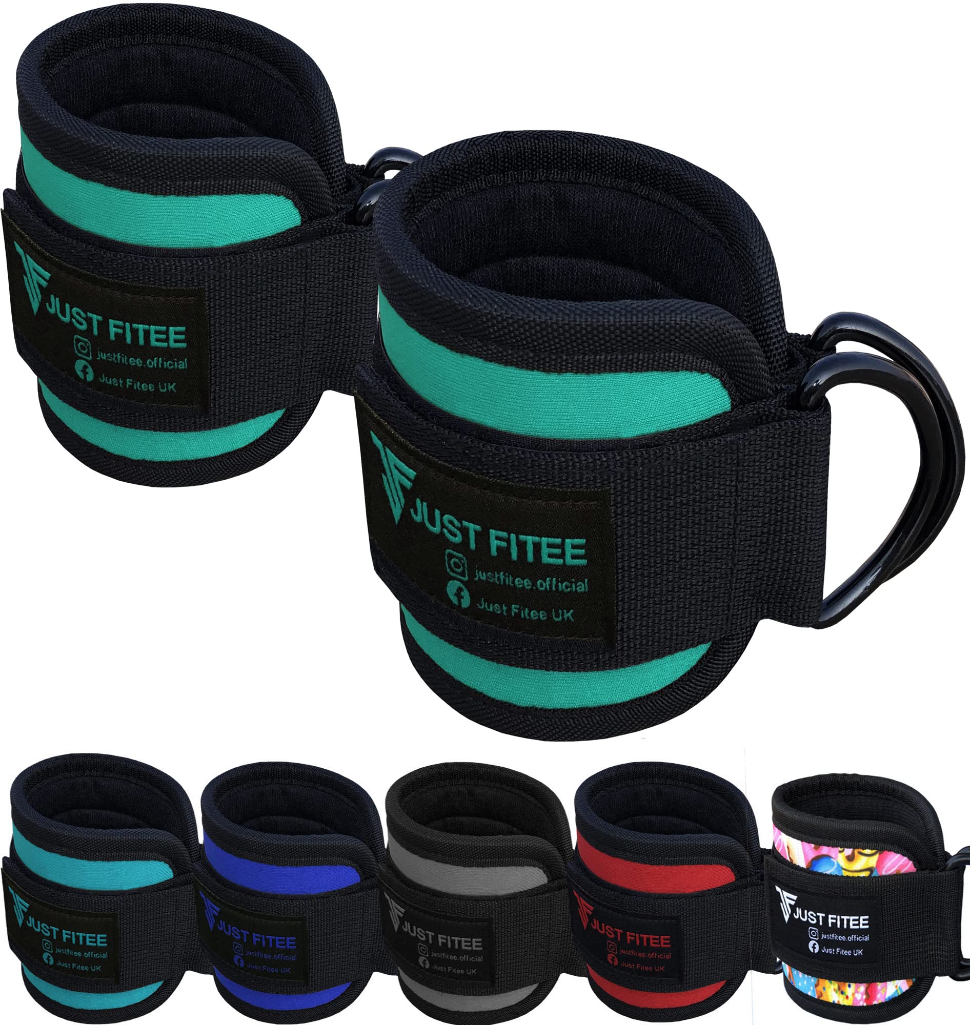 Just Fitee Ankle Straps for Cable Machine Attachments Gym Ankle Cuff for Kickbacks, Glute Workouts, Leg Extensions, Curls, Booty Hip Abductors Exercise for Men and Women, Adjustable Support (Cyan)