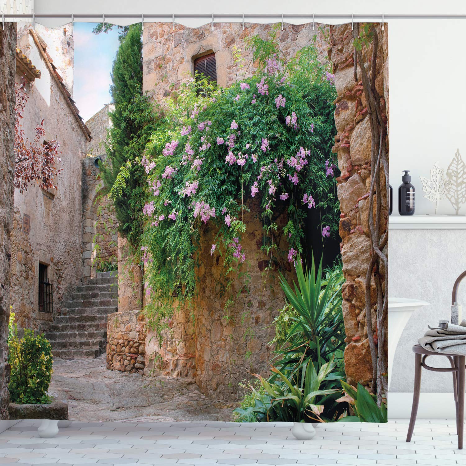 ABAKUHAUS Landscape Shower Curtain, Summer Garden Flowers Marigold Stones Antique House in Spain Art Print, Cloth Fabric Bathroom Decor Set with Hooks, 86 Inches Extra Long, Multicolor