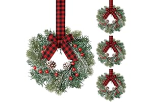 Jexine 4 Pieces Mini Christmas Wreaths for Kitchen Cabinet Small Christmas Candle Rings Wreaths Pillars Candle Rings Table Centerpieces Hanging Garlands for Front Door Window Decor (No Red Ribbon)