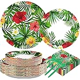 200pcs Hawaiian Luau Party Decorations Tropical Luau Plates and Napkins Disposable Tropical Palm Leaf Hibiscus Flower Tableware Set for Spring Summer Beach Holiday Hawaiian Party Supplies Serves 50