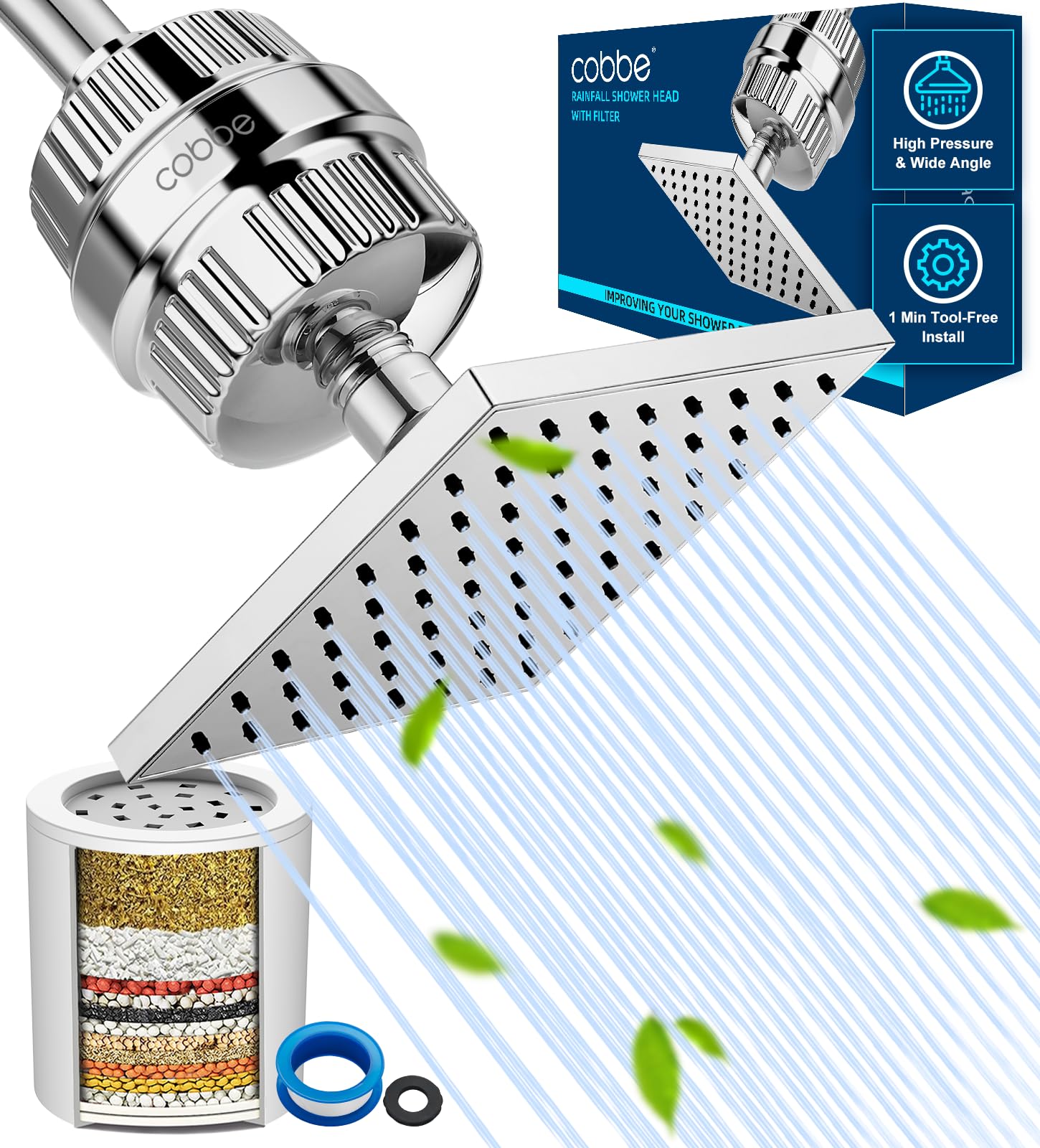 Photo 1 of Cobbe High Pressure Filtered Shower Head Combo, Rain Shower Head with 20 Stage Shower Head Filter for Hard Water - Adjustable Replacement Remove Chlorine and Harmful Substances, Chrome