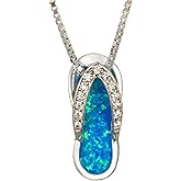925 Sterling Silver Hawaiian Flip Flop Slipper Sandal Necklace Pendant with 18" Box Chain, Genuine Koa Wood Blue Opal Abalone Shell Cubic Zirconia, Nickle Free Hypoallergenic for Sensitive Skin, Gift Box Included