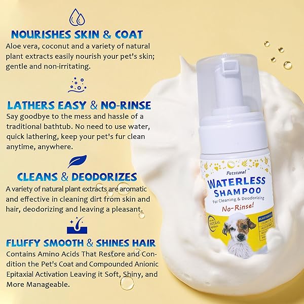 PETSTORAL WATERLESS DOG SHAMPOO NO RINSE PUPPY DRY HYPOALLERGENIC SHAMPOO AND CONDITIONER – SOOTHING AND DEODORIZING QUICKLY CLEANS SMELLY DOGS AND CATS (3.38 FL OZ/100ML)