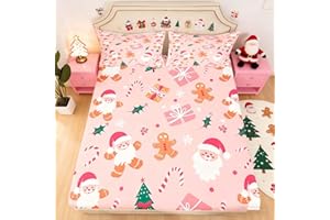 Feelyou Merry Christmas Bed Sheets Cookies Candy Fitted Sheet for Kids Boys Girls Pink Christmas Bedding Set Sheets Set Bedroom Collection 3Pcs Full Size,No Flat Sheet
