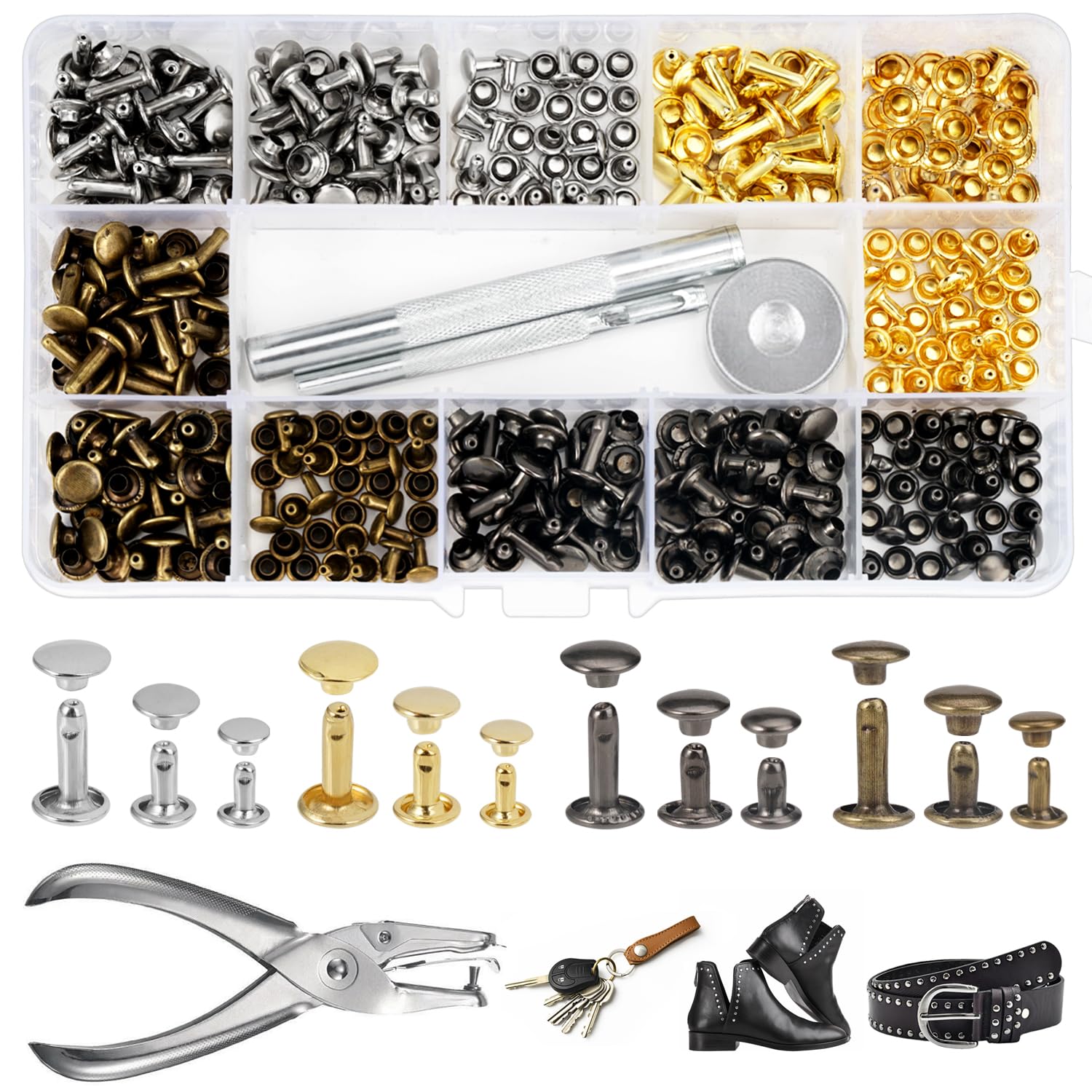Leather Rivets Set, 180 Set Metal Rivets Double Cap with Rivet Pliers Hole Pliers Hollow Rivets 12 mm 8 mm 6 mm Rivets for Leather Rivets for Clothing, with 3 Tools, for DIY Craft Repair Decoration, 4