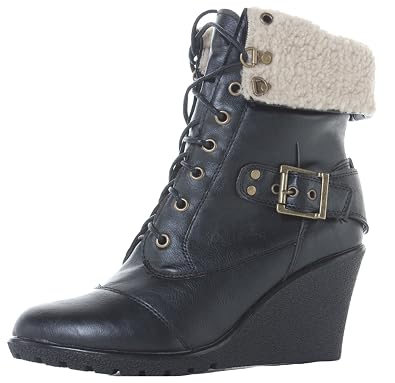 Womens Ankle Wedge Boots Black Lace Up 