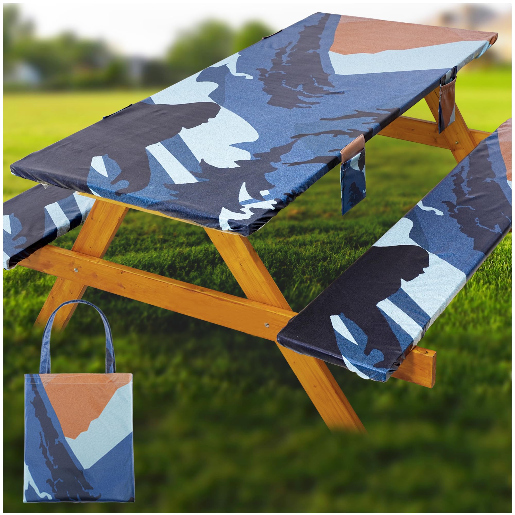 Photo 1 of Fitted Picnic Table Cover with Bench Covers Waterproof Elastic Edges Rectangle Patio Tablecloth Outdoor Camping Essentials Stuff Rv Accessories Summer Trip Travel Supplies Party Camper Gifts, 6 ft