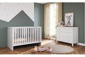 Child Craft Orbit Crib and Dresser Nursery Set, 2-Piece, Includes 3-in-1 Convertible Crib and Horizontal Dresser, Grows with Your Baby (Matte White)