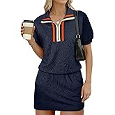 BLENCOT Skirt Sets Short Sleeve Half Zip Tops Mini Skort Textured Color Clock 2 Pieces Sets for Women Summer Outfits