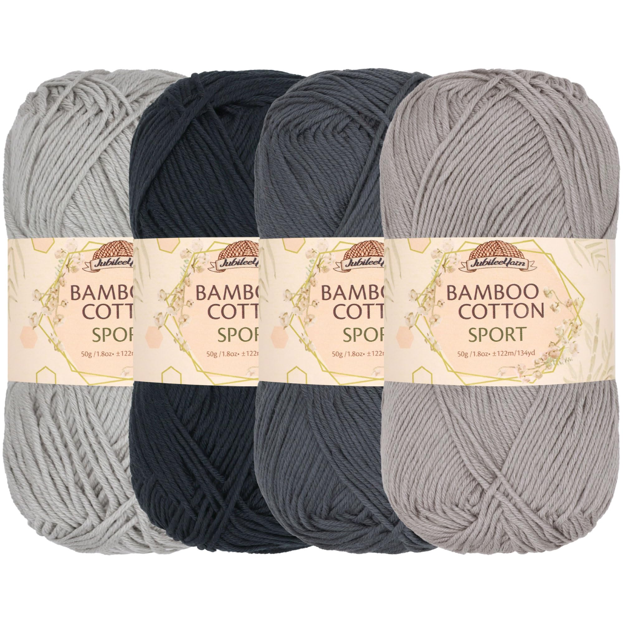 JubileeYarn Bamboo Cotton Sport 4 Ply Yarn - 50g/Skein - Shades of Grey - 4 Skeins