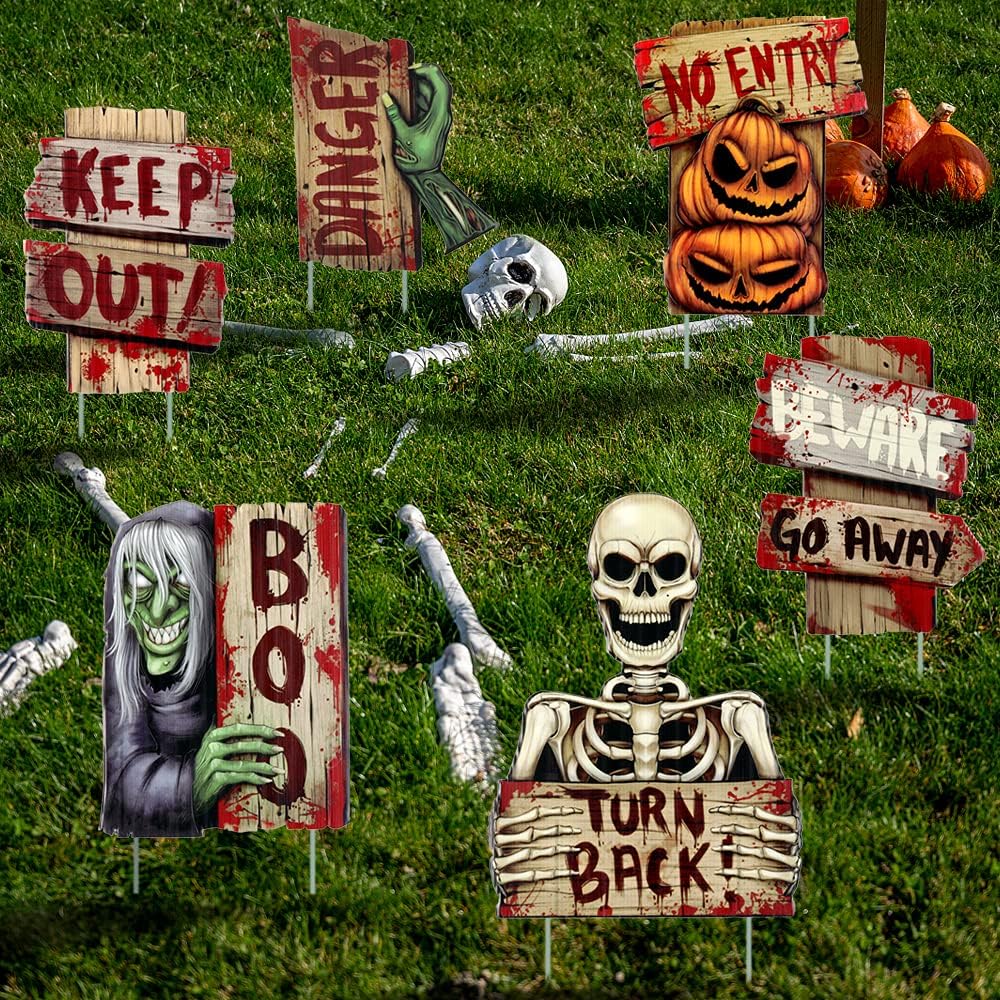 Yard Signs - Sizonjoy 6 PCS Halloween Decorations Outdoor, Halloween Decor Yard Signs Lawn Decorations Warning Yard Sign Stakes