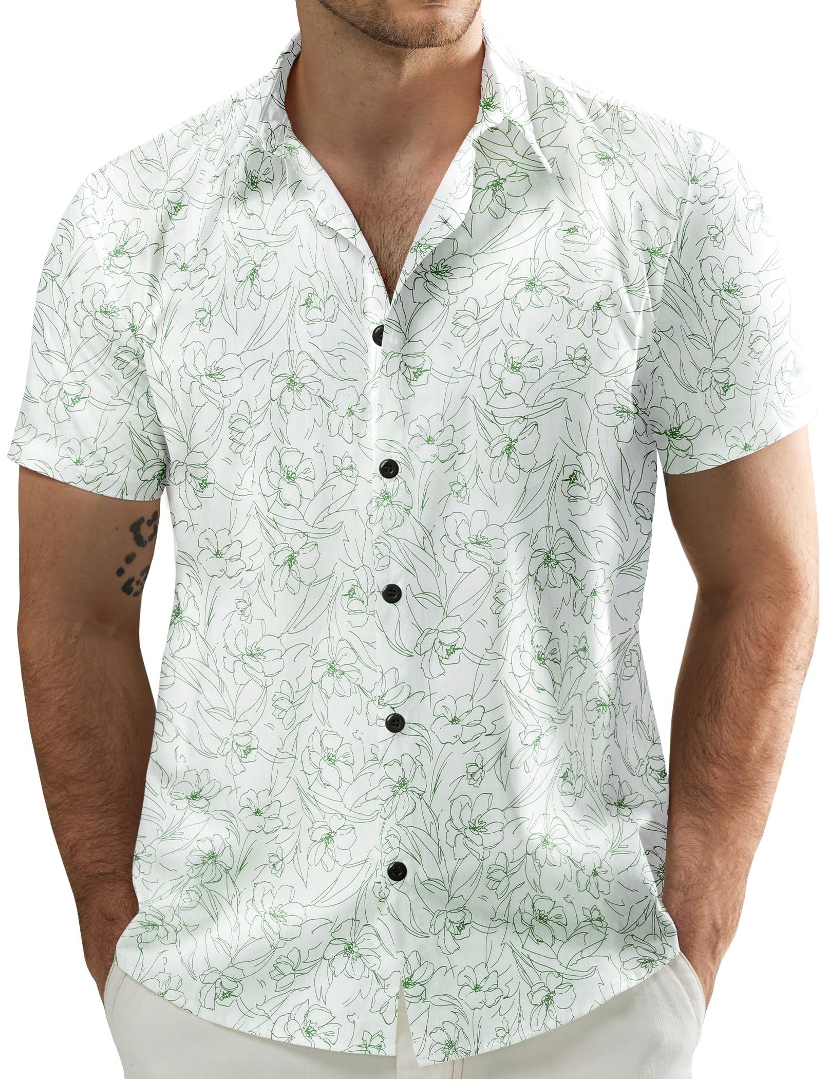 Photo 1 of JOGAL Men's Flower Casual Short Sleeve Aloha Hawaiian Shirt White Green Line Medium