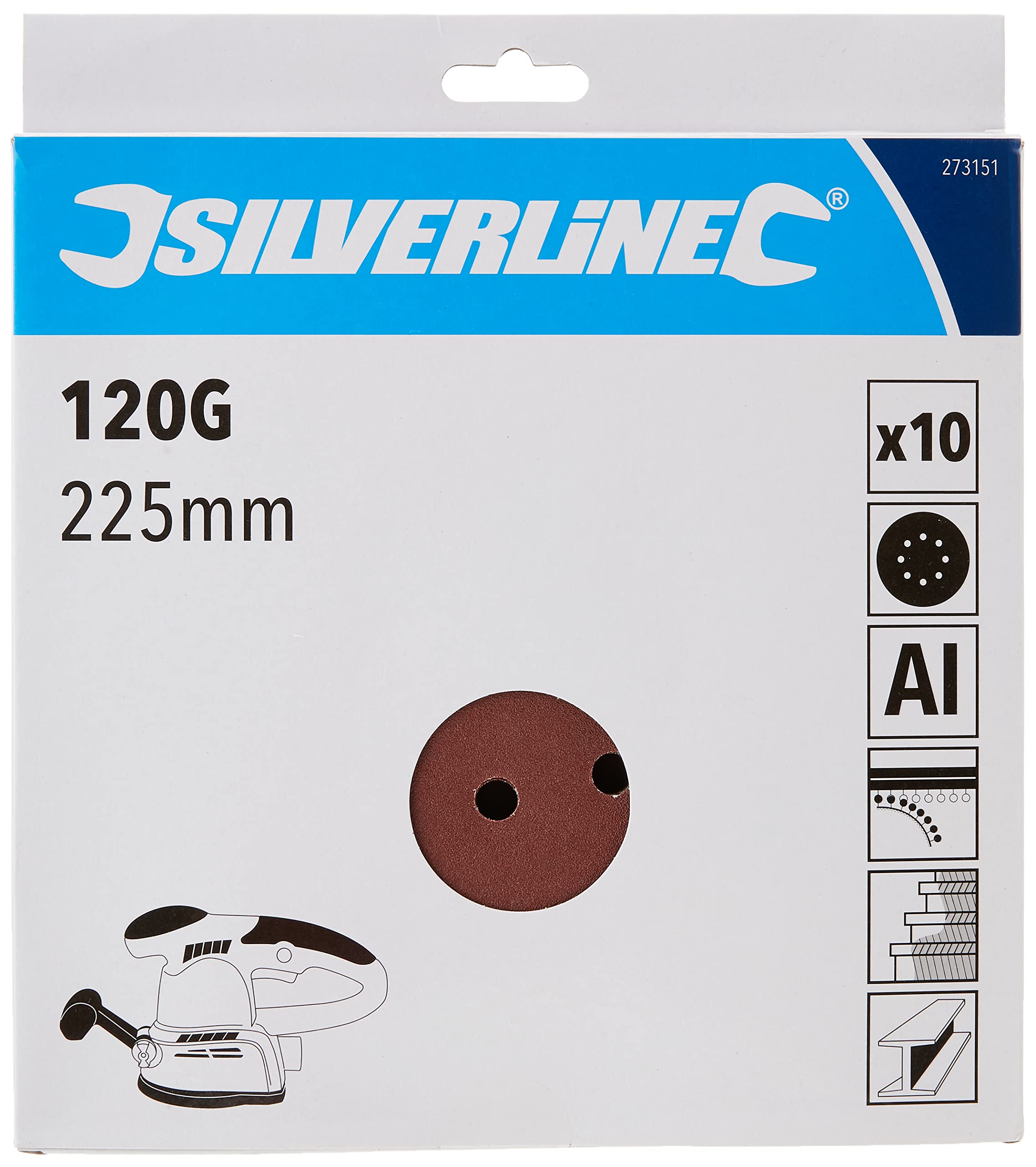 Silverline 273151 Hook and Loop Discs Punched 225 mm 10pk 225 mm 120 Grit