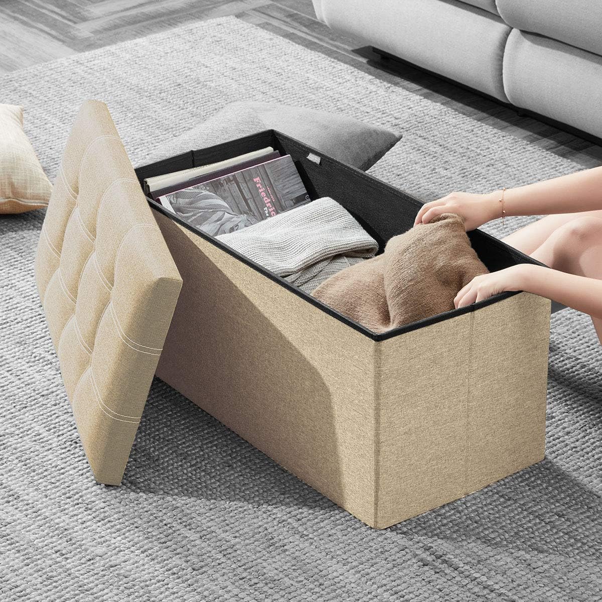 YOUDENOVA 30 inches Storage Ottoman Bench, Foldable Footrest Shoe Bench with 80L Storage Space, End of Bed Storage Seat, Support 350lbs, Linen Fabric Beige: Kitchen & Dining