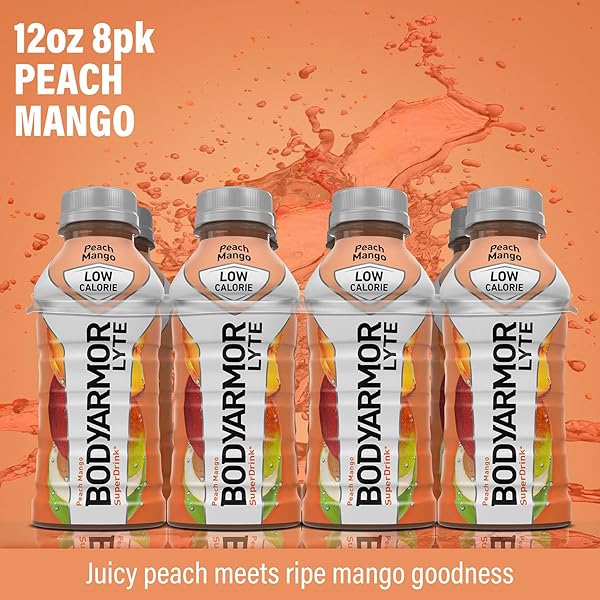 BODYARMOR LYTE, PEACH MANGO, ELECTROLYTE DRINK, 15 CALORIES, 12 FL OZ BOTTLES (8 PACK), COCONUT WATER SPORTS DRINK, NATURAL FLAVOR & B VITAMINS