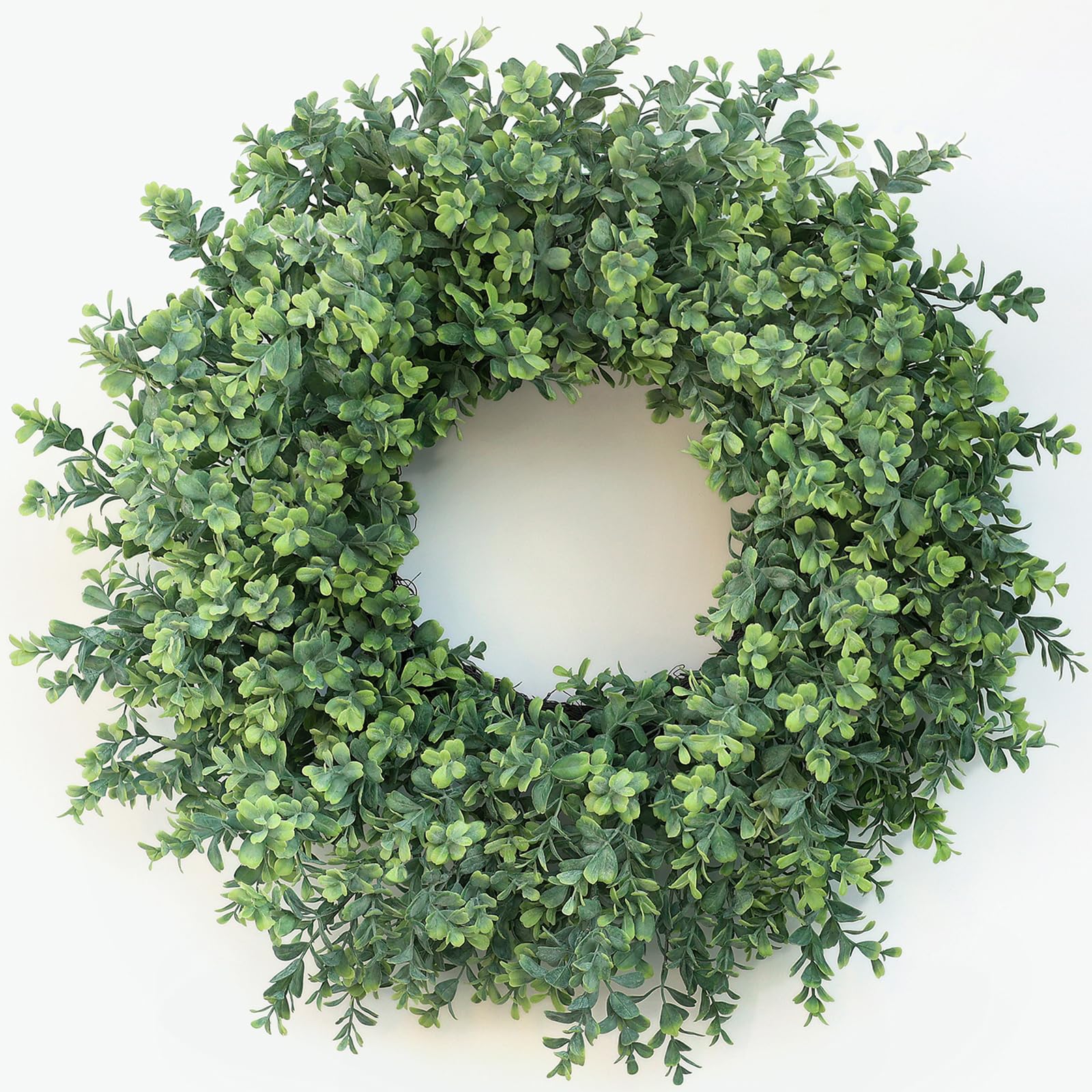 Photo 1 of 26'' Large Boxwood Wreath for Front Door, Porch, Window- Artificial Boxwood Leaves Greenery Outdoor Wreath for Home, Farmhouse Wall Decor- Spring, Summer, Fall, All Seasons (Green)