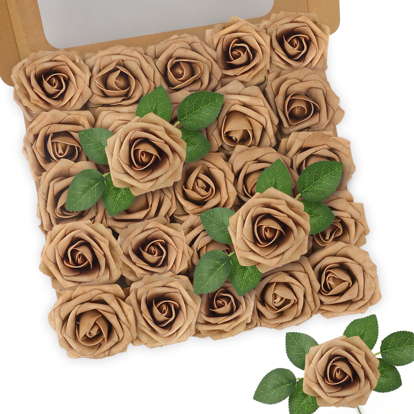 N&T NIETING Artificial Flower Roses, 25pcs Real Touch Fake Roses with Stems for DIY Wedding Bridal Bouquets Centerpieces, Baby Shower Party, Home Decoration, Dusty Light Brown