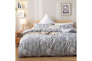 JANZAA 3PCS Comforter Set Floral Comforter Set Bedding Set White Flower Printing on Grey Comforter with 2 Pillow Cases for All Season Using(Queen)