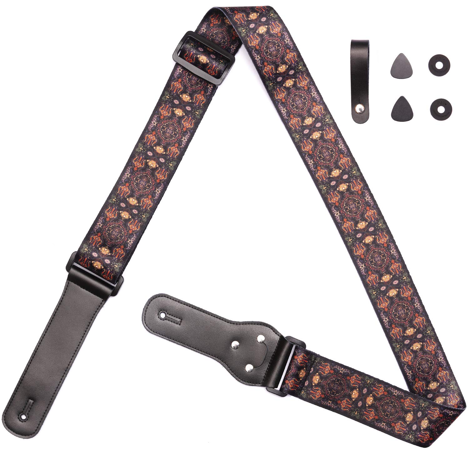 Rose Lake Guitar Strap Genuine Leather Ends & Soft Polyester Guitar Shoulder Strap with Strap Lock+ 2 Picks+ Strap Buttons for Bass, Electric, Acoustic Guitars (Luxurious Orange)