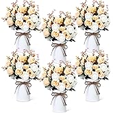 Domensi 6 Sets Valentine's Day Centerpiece for Table Artificial Rose with Vase Fake Bouquets and Metal Pot Floral Arrangements for Wedding Holiday Party Event Table Decor (Champagne)