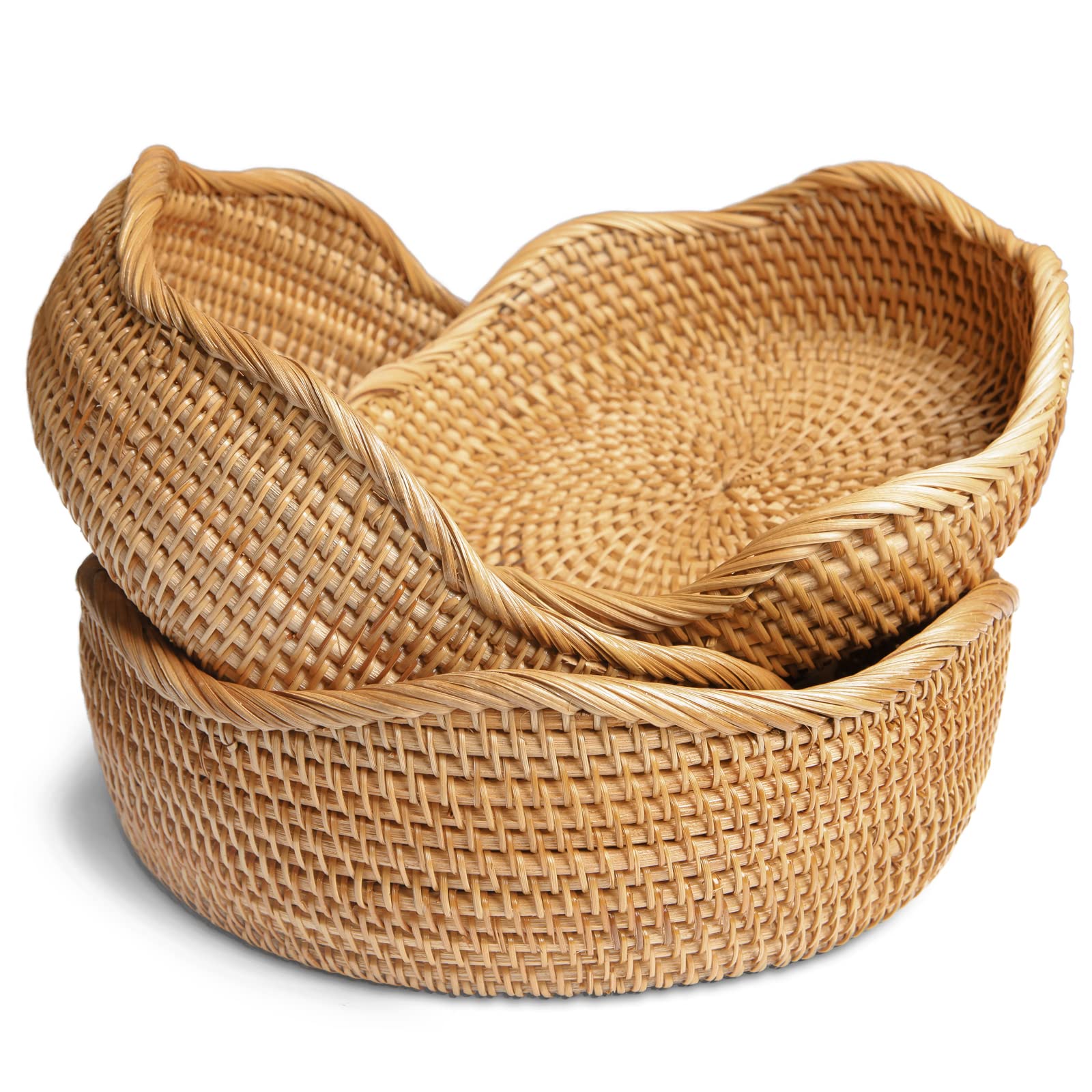 Photo 1 of 2 PCS ONLY --- HITOMEN Handmade Rattan Bread Baskets Round Wicker Fruit Serving Storage Bowls, Natural Woven Decorative Kitchen Counter Organizing (Honey Brown) Set of 2