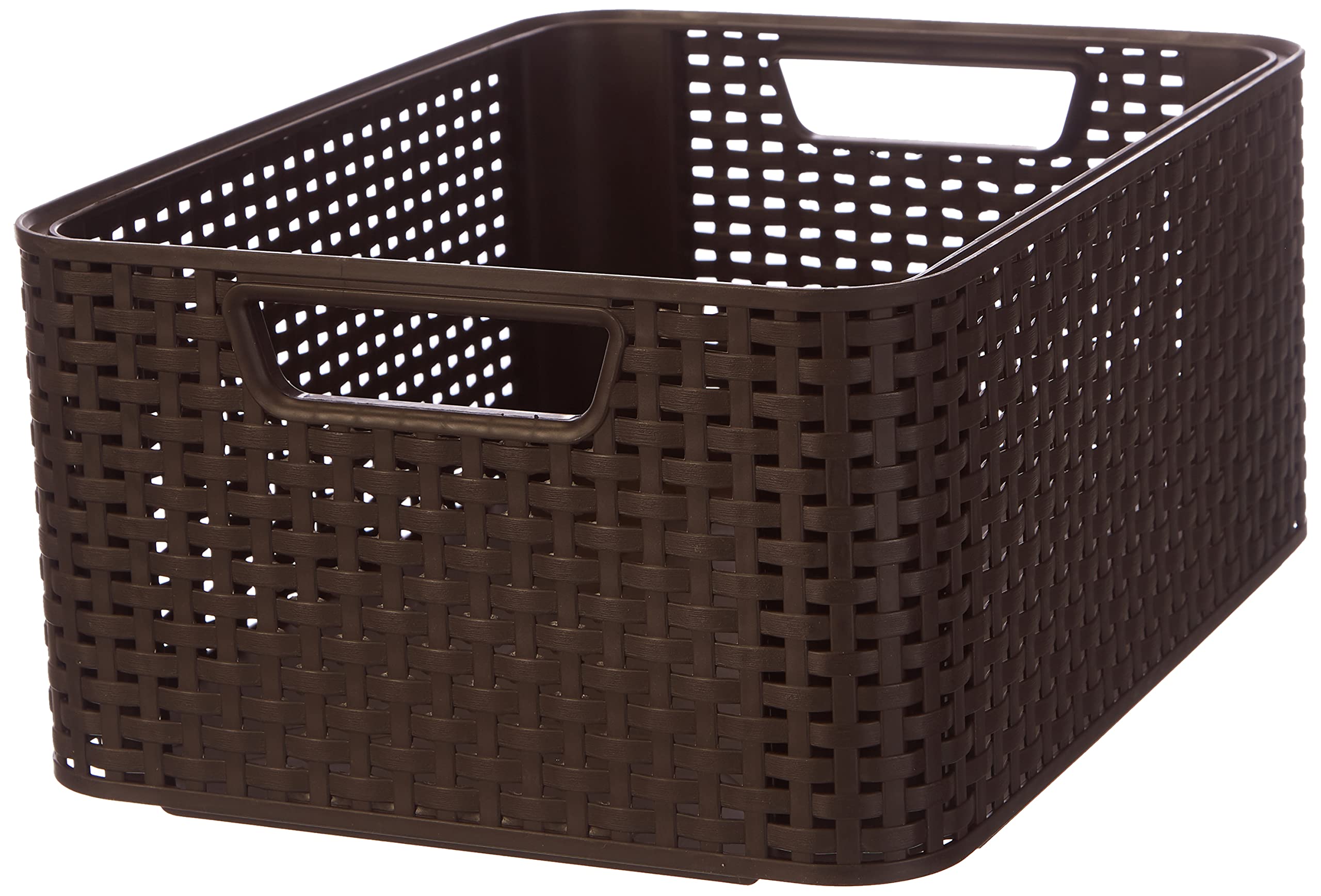 Curver 18L Storage Basket with Woven Rattan Design for Bathroom, Bedroom, Office - Ergonomic Handles - Dark Brown